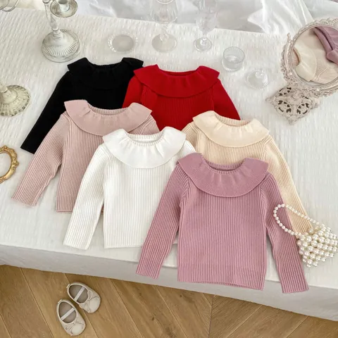 Baby Girl Ruffle Collar Knitted Sweater Long Sleeve Pullover Toddler Ribbed Knit Top Solid Color Sweet Fashion Clothing