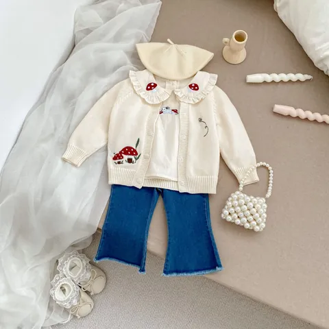 Kleinkind Mädchen Süße Pilz Hase Besticktes Langarmhemd Und Denim Schlaghose Set Frühling Herbst Outfit