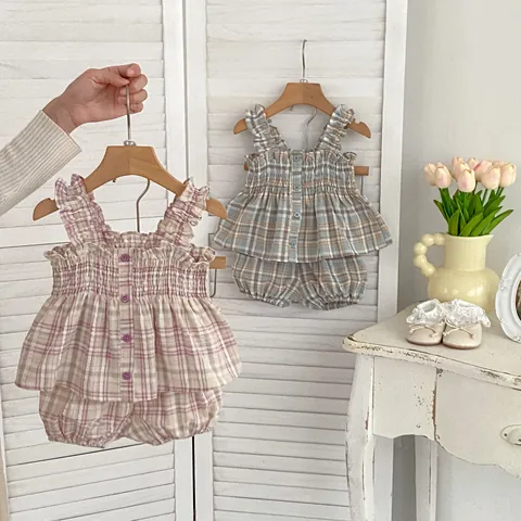 Baby Girl Summer Cotton Plaid Two Piece Set Ruffle Camisole Top And Bloomers Pumpkin Shorts Korean Style Toddler Clothes