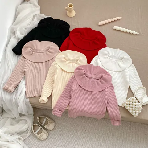 Baby Girl Ruffle Collar Knitted Sweater Long Sleeve Pullover Toddler Ribbed Knit Top Solid Color Sweet Fashion Clothing