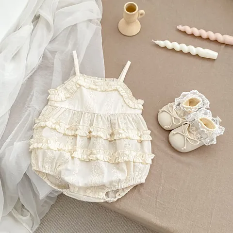 Baby Girl Ruffle Floral Embroidery Romper 100% Cotton Sleeveless Sling Bodysuit Infant Summer Casual Jumpsuit Apparel