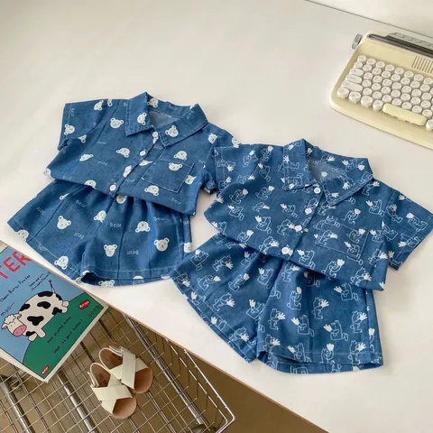Completo Denim Estivo da Ragazzo Camicia a Maniche Corte E Pantaloncini Stampa Cartone Animato Dinosauro Orso Abbigliamento Bambini