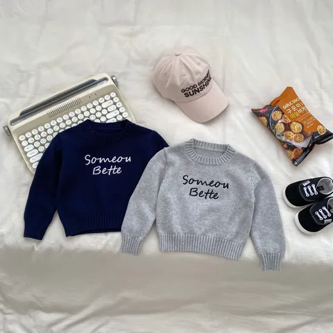 Toddler Kids Casual Knitted Sweater And Jeans Two Piece Set Round Neck Letter Embroidery Cotton Pullover Top Denim Pants