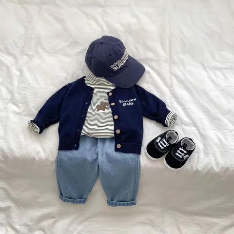 Kid Boy Cotton Knit Cardigan And Jeans Outfit Someone Better Letter Embroidery Wooden Button Long Sleeve Sweater Top Denim Pants Casual Toddler Clothes