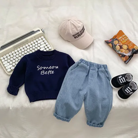 Toddler Kids Casual Knitted Sweater And Jeans Two Piece Set Round Neck Letter Embroidery Cotton Pullover Top Denim Pants