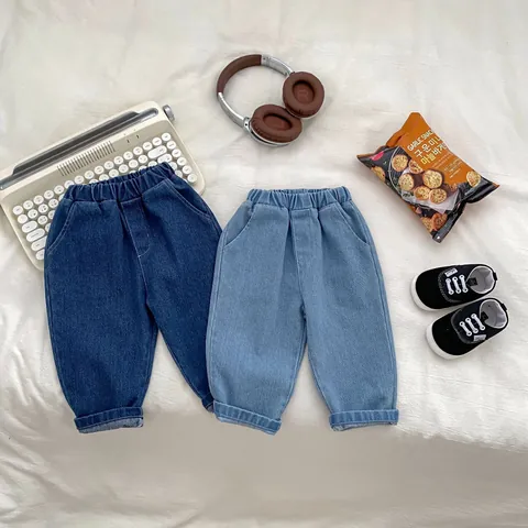 Kids Casual Cotton Denim Pants Elastic Waist Loose Straight Leg Jeans For Boys Versatile Spring Autumn Trousers