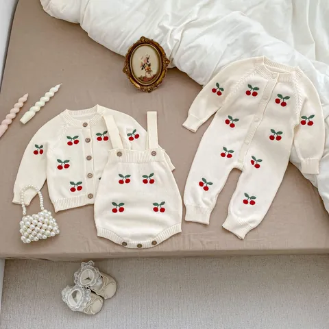 Baby Mädchen Jungen Strickbody Strickjacke Outfit Süße Kirsche Stickerei Weiche Baumwolle Gestrickte Säuglingskleidung Frühling Herbst Anzug