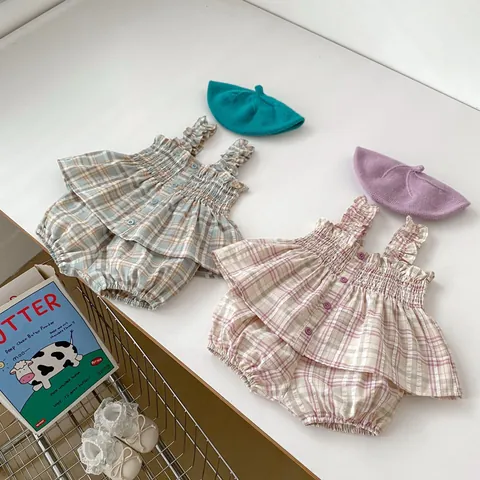 Baby Girl Summer Cotton Plaid Two Piece Set Ruffle Camisole Top And Bloomers Pumpkin Shorts Korean Style Toddler Clothes