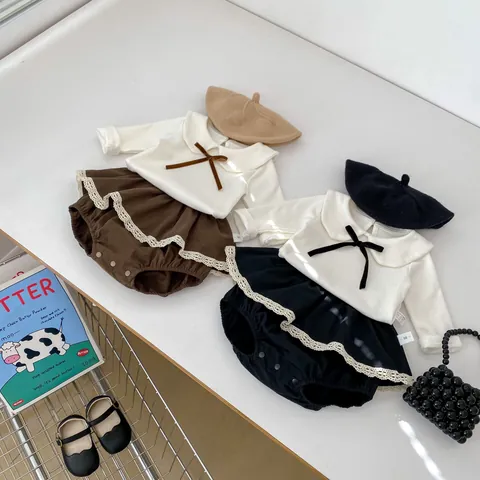 Baby Mädchen Süßes Oberteil Mit Schleife Und Spitzen-Bloomers Kleidung Peter Pan Kragen Langarm Baumwolle Frühling Herbst Alltag Tops Hosen