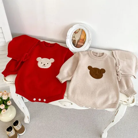 Cute Bear Embroidered Knitted Baby Romper And Hat Long Sleeve Cotton Jumpsuit For Newborn Infant Toddler Autumn Clothing
