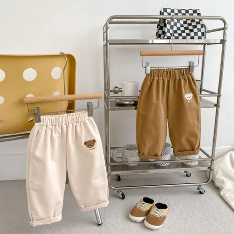 Toddler Boys Casual Cotton Pants Cute Bear Embroidery Elastic Waist Trousers For Infant Kids Spring Autumn