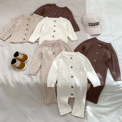 Baumwolle Baby Gestrickter Zopfmuster Strampler Vielseitiger Kleinkind Jumpsuit Strickjacke Einfarbig Langarm Strickwaren Für Jungen Mädchen Herbstkleidung