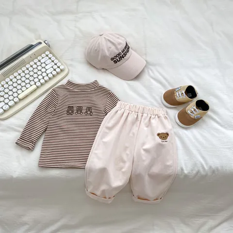 Toddler Boys Casual Cotton Pants Cute Bear Embroidery Elastic Waist Trousers For Infant Kids Spring Autumn