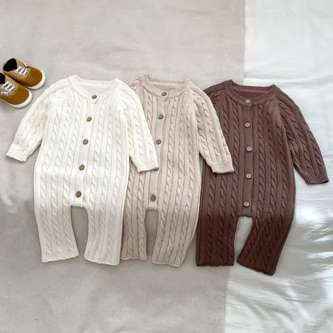 Baumwolle Baby Gestrickter Zopfmuster Strampler Vielseitiger Kleinkind Jumpsuit Strickjacke Einfarbig Langarm Strickwaren Für Jungen Mädchen Herbstkleidung