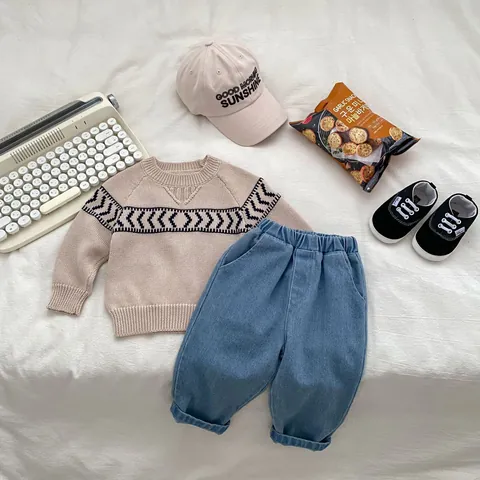 Toddler Boys Cotton Knit Sweater And Denim Pants Casual Long Sleeve Round Neck Geometric Pattern Autumn Kids Clothing Outfit
