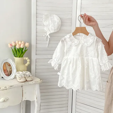 Baby Girl White Lace Floral Embroidery Romper Dress Set Long Sleeve Cotton Jumpsuit Princess Baptism Banquet Clothes With Hat