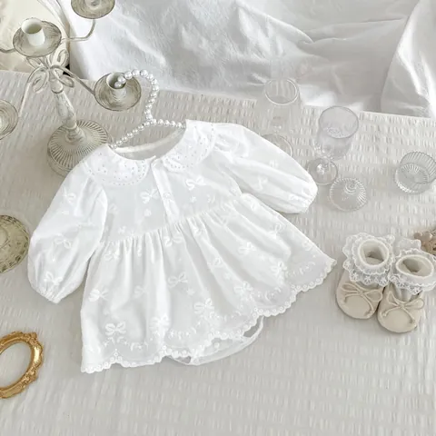 Baby Girl Romper Dress Cotton Long Sleeve Peter Pan Collar Lace Embroidery Bowknot Bodysuit Infant Toddler Princess Clothes