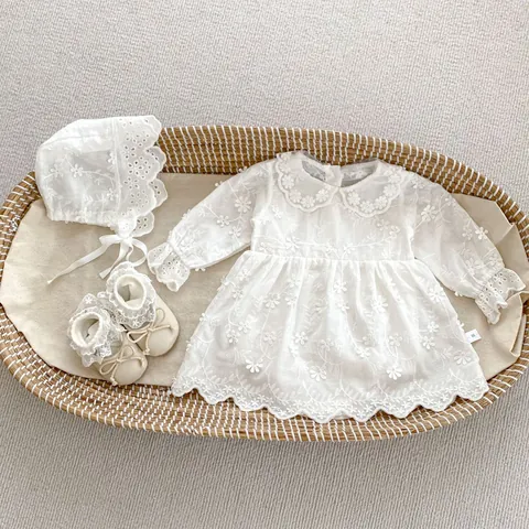 Baby Girl White Lace Floral Embroidery Romper Dress Set Long Sleeve Cotton Jumpsuit Princess Baptism Banquet Clothes With Hat