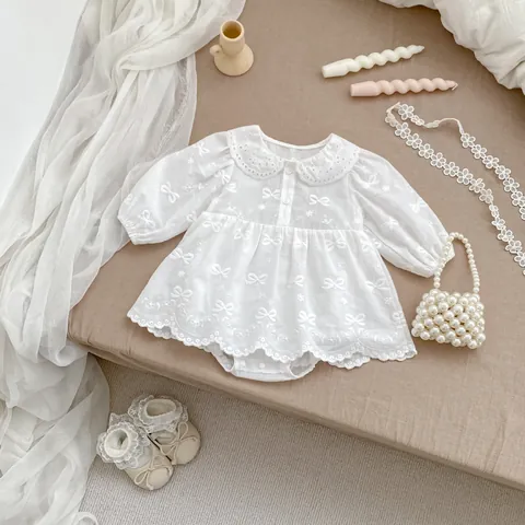 Baby Girl Romper Dress Cotton Long Sleeve Peter Pan Collar Lace Embroidery Bowknot Bodysuit Infant Toddler Princess Clothes
