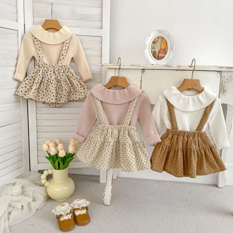Baby Girl Spring Autumn Clothing Outfit Cotton Long Sleeve Lace Shirt And Corduroy Polka Dot Suspender Skirt Clothing Set