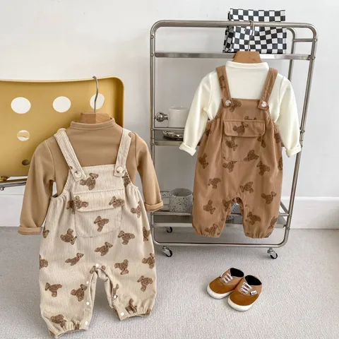 Baby Corduroy Bear Print Romper Overalls Cute Cotton Jumpsuit Long Sleeve Top Korean Style Infants Toddlers Casual Clothes
