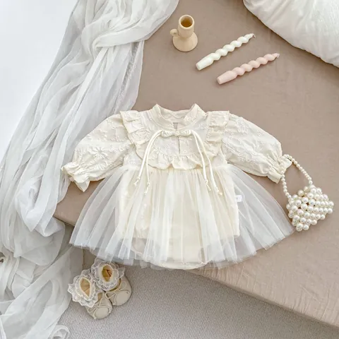 Baby Meisje Nieuwe Chinese Stijl Kikkerknopen Romper Lange Mouw Kruippakje Tule Prinsessenjurk Voor Verjaardag Abrikoos