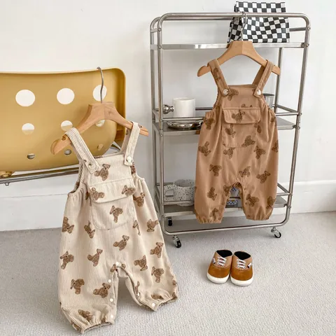 Baby Corduroy Bear Print Romper Overalls Cute Cotton Jumpsuit Long Sleeve Top Korean Style Infants Toddlers Casual Clothes