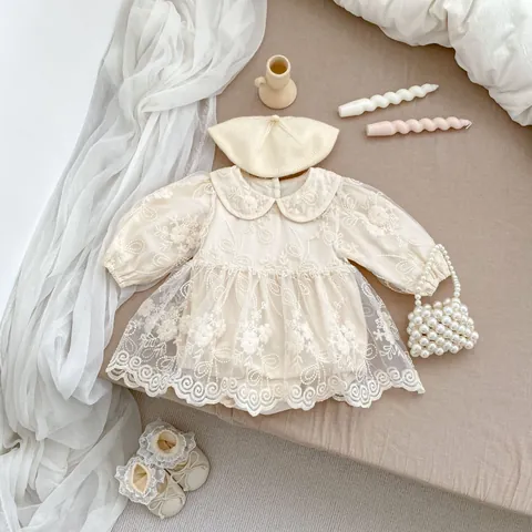 Infant Baby Girl Lace Embroidery Princess Dress Romper Long Sleeve Cotton Mesh Bodysuit For Hundred Days Banquet Wedding Party
