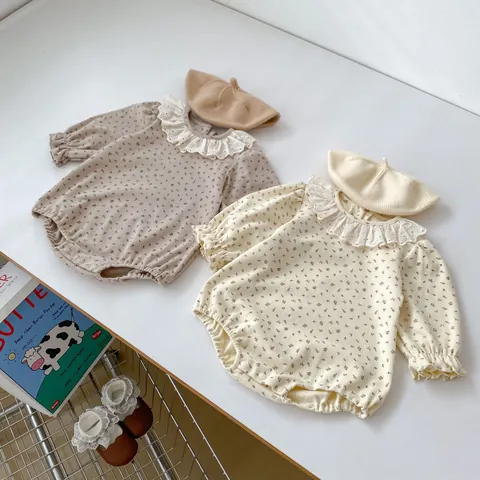 Baby Girl Long Sleeve Floral Romper Bodysuit With Lace Ruffle Collar Vintage Pastoral Cotton Jumpsuit Set For Infants Toddlers