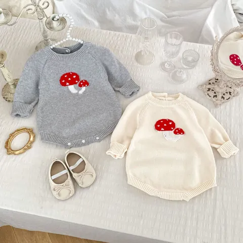 Pagliaccetto Neonato in Maglia Manica Lunga Motivo a Fungo Tuta in Cotone per Neonati Primavera Autunno Abbigliamento