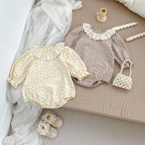 Baby Girl Long Sleeve Floral Romper Bodysuit With Lace Ruffle Collar Vintage Pastoral Cotton Jumpsuit Set For Infants Toddlers