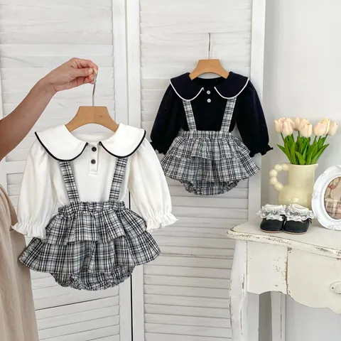 Baby Girls Vintage Plaid Two Piece Clothing Set Peter Pan Collar Long Sleeve Blouse And Plaid Suspender Pinafore Outfit For Toddler