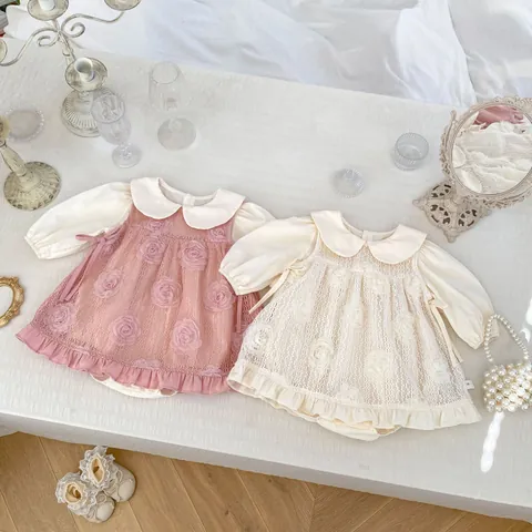 Baby Girls 3D Rose Flower Romper Dress Set Lace Peter Pan Collar Long Sleeve Princess Birthday Party Outfits
