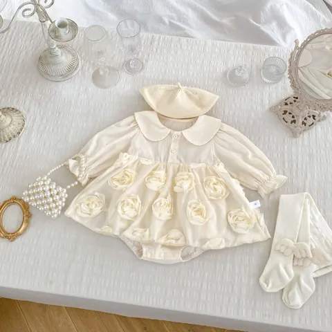 Baby Girl Long Sleeve Romper Dress 3D Floral Applique Peter Pan Collar Apricot Cotton Princess Jumpsuit Infant Toddler