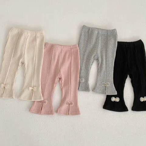 Toddler Girls Cotton Ribbed Flared Pants Solid Color Elastic Leggings With Bow Slit Hem Casual Baby High Waist Long Pants