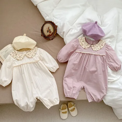 Baby Girls Floral Peter Pan Collar Romper Cotton Long Sleeve Infant Jumpsuit With Lace Trim Snap Button Fall Spring Bodysuit