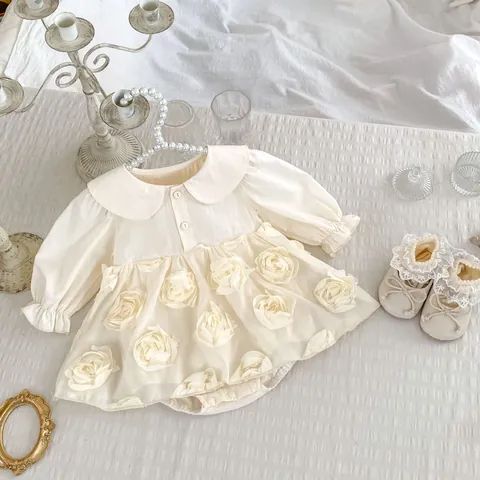 Baby Girl Long Sleeve Romper Dress 3D Floral Applique Peter Pan Collar Apricot Cotton Princess Jumpsuit Infant Toddler