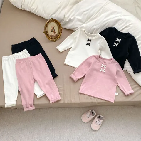 Conjunto de Ropa de Algodón Acanalado para Bebé Niña Top de Manga Larga y Pantalones Largos Dulce Lazo Ropa de Casa Pijamas