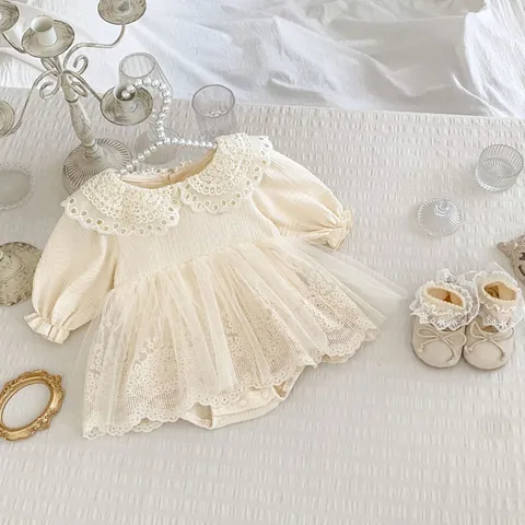 Baby Girls Long Sleeve Lace Princess Romper Dress Mesh Skirt Headband Shoes Outfit Set Apricot Cotton Infant Bodysuit Birthday Party Clothes