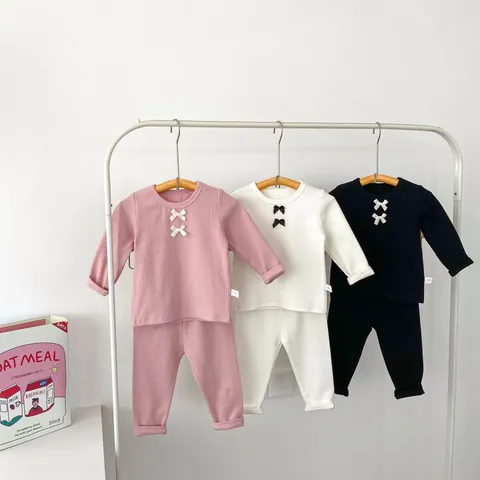 Conjunto de Ropa de Algodón Acanalado para Bebé Niña Top de Manga Larga y Pantalones Largos Dulce Lazo Ropa de Casa Pijamas
