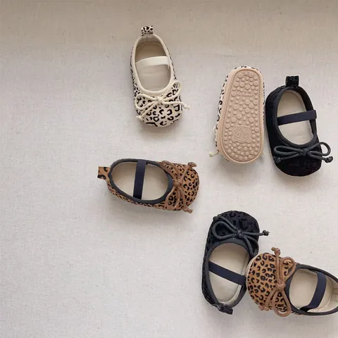 Baby Mädchen Leopardenmuster Mary Jane Lauflernschuhe Wildlederimitat Weiche Sohle Rutschfest Schleife Krabbelschuhe Für Kleinkinder
