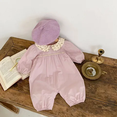 Infant Baby Girl Long Sleeve Floral Peter Pan Collar Romper Cotton Lace Trim Bodysuit One Piece Autumn Jumpsuit Outfit