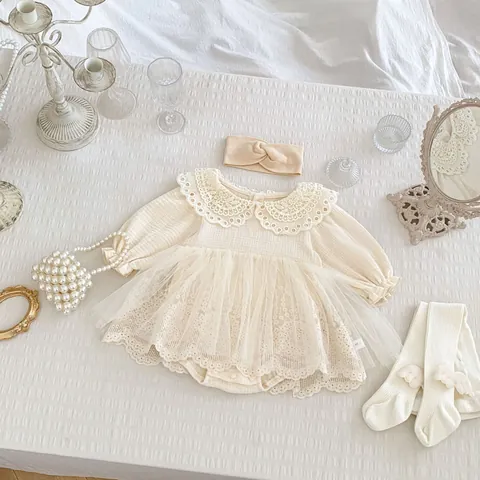 Baby Girls Long Sleeve Lace Princess Romper Dress Mesh Skirt Headband Shoes Outfit Set Apricot Cotton Infant Bodysuit Birthday Party Clothes