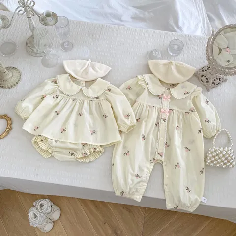 Grenouillère Douce pour Bébé Fille en Coton Broderie Florale Tenue Haut et Pantalon Col en Dentelle Nœud Bonnet en Maille