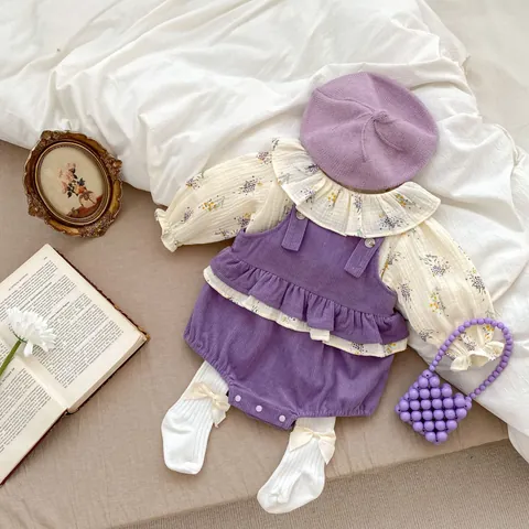 Baby Girl Floral Ruffle Shirt And Corduroy Suspender Romper Set With Accessories Sweet Vintage Spring Autumn Outfit