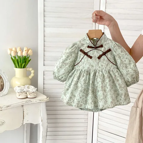 Newborn Baby Girl Chinese Style Floral Romper Cotton Long Sleeve Cheongsam Jumpsuit For Infant Autumn Clothes