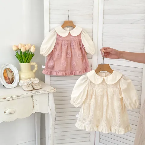 Baby Girls 3D Rose Flower Romper Dress Set Lace Peter Pan Collar Long Sleeve Princess Birthday Party Outfits
