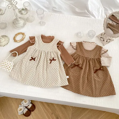 Baby Mädchen Vintage Baumwolle Langarm Rüschen Top Und Herz Punktmuster Cord Trägerkleid Herbst Frühling Kleidung Outfit