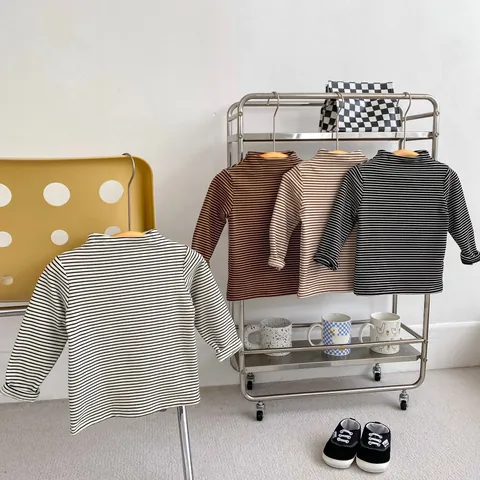 Toddler Baby Striped Long Sleeve T-Shirt Half Turtleneck Cotton Base Layer Top For Boys Girls Spring Autumn