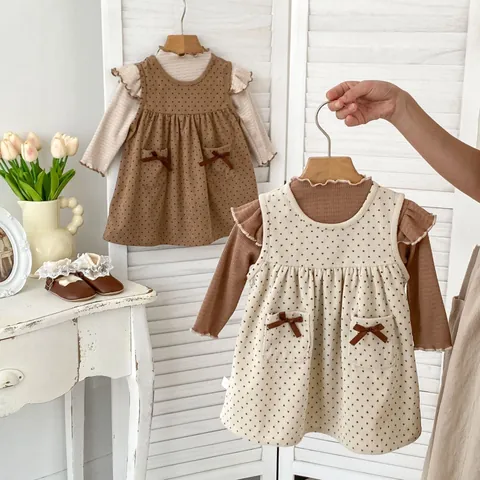 Baby Mädchen Vintage Baumwolle Langarm Rüschen Top Und Herz Punktmuster Cord Trägerkleid Herbst Frühling Kleidung Outfit